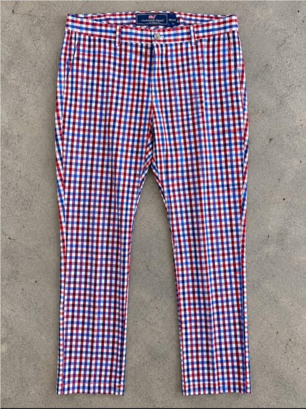 Vineyard Vines Slim Fit Breaker Pants Men 38x32 Red Blue Gingham Plaid Cotton